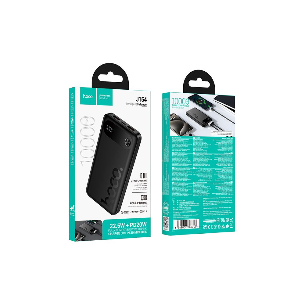 Extern batteri HOCO J154, 10000mAh, 22,5W, QC + PD, 1 x USB-C - 2 x USB-A, Svart