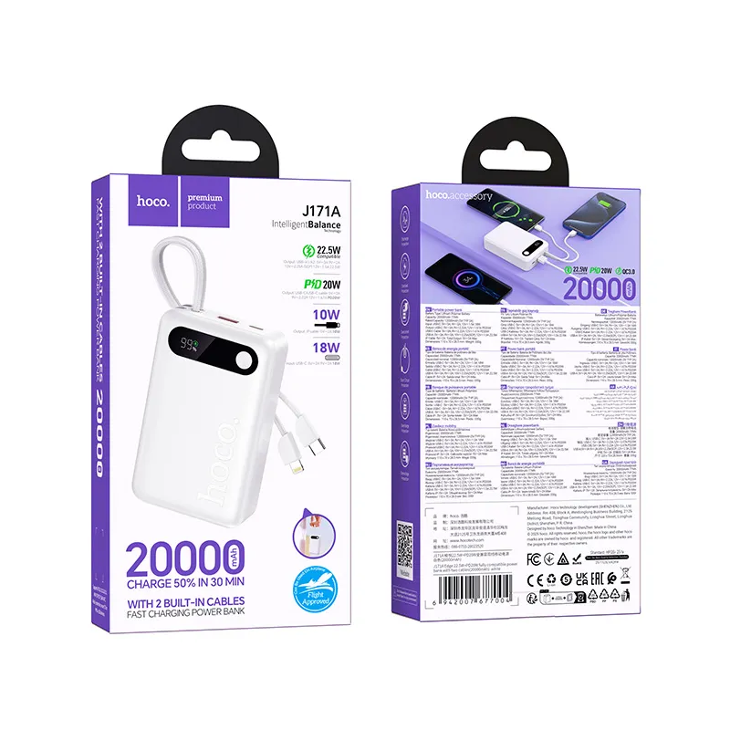 Extern batteri HOCO J171A, 20000mAh, 22,5W, QC + PD, 1 x Lightning - 1 x USB-A - 2 x USB-C, Vit