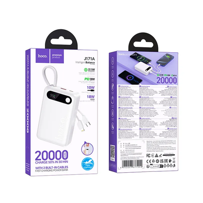 Extern batteri HOCO J171A, 20000mAh, 22,5W, QC + PD, 1 x Lightning - 1 x USB-A - 2 x USB-C, Vit