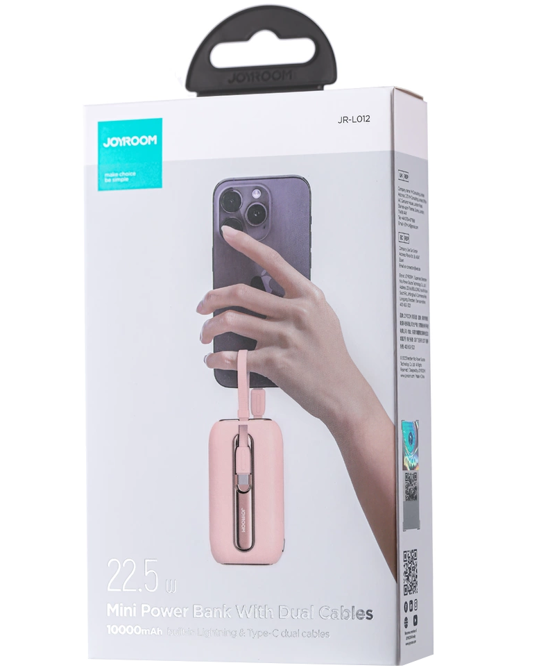 Extern batteri Joyroom Colorful Series JR-L012, 10000mAh, 22.5W, QC + PD, 1 x Lightning - 2 x USB-C, Rosa