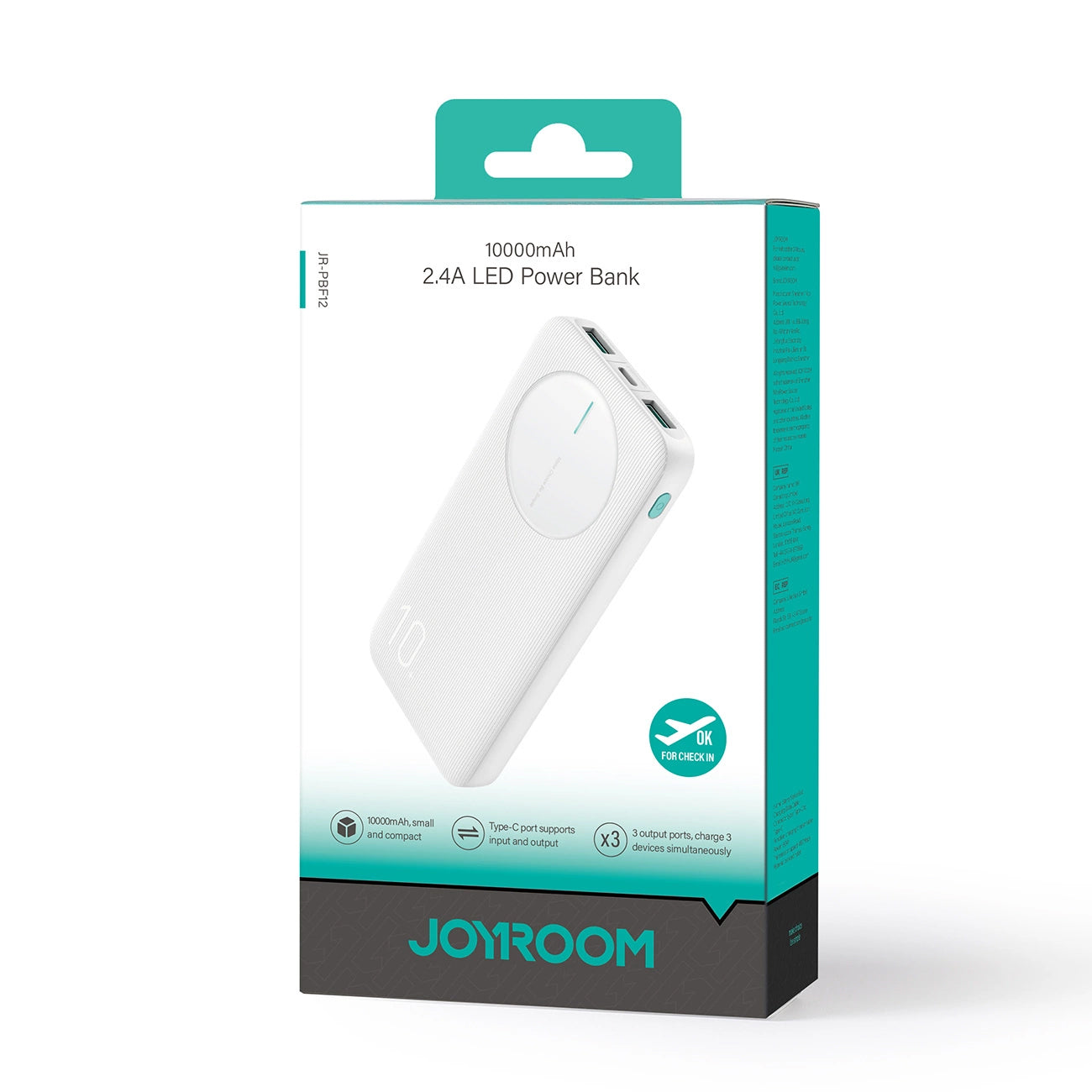 Extern batteri Joyroom JR-PBF12, 10000mAh, 12W, 1 x USB-C - 2 x USB-A, Vit