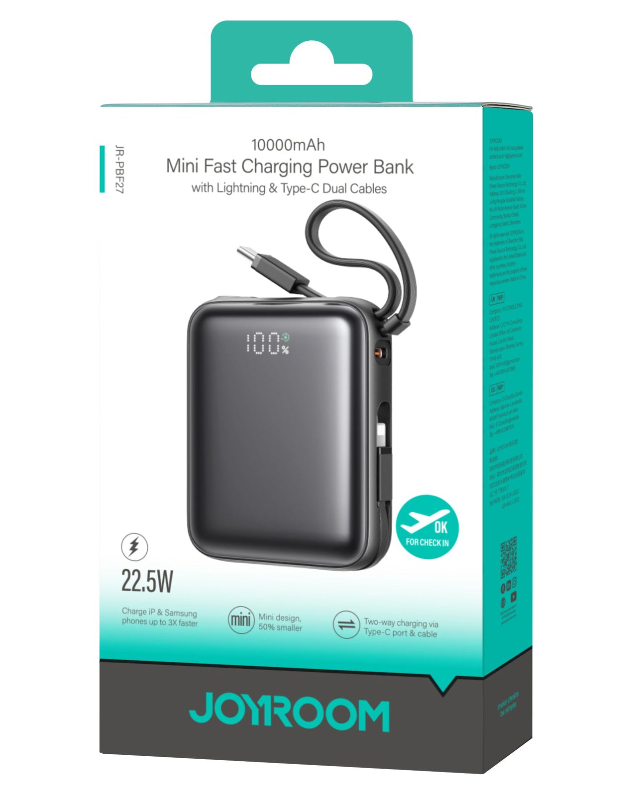 Extern batteri Joyroom JR-PBF27, 10000mAh, 22.5W, QC + PD, 1 x Lightning - 2 x USB-C, Svart
