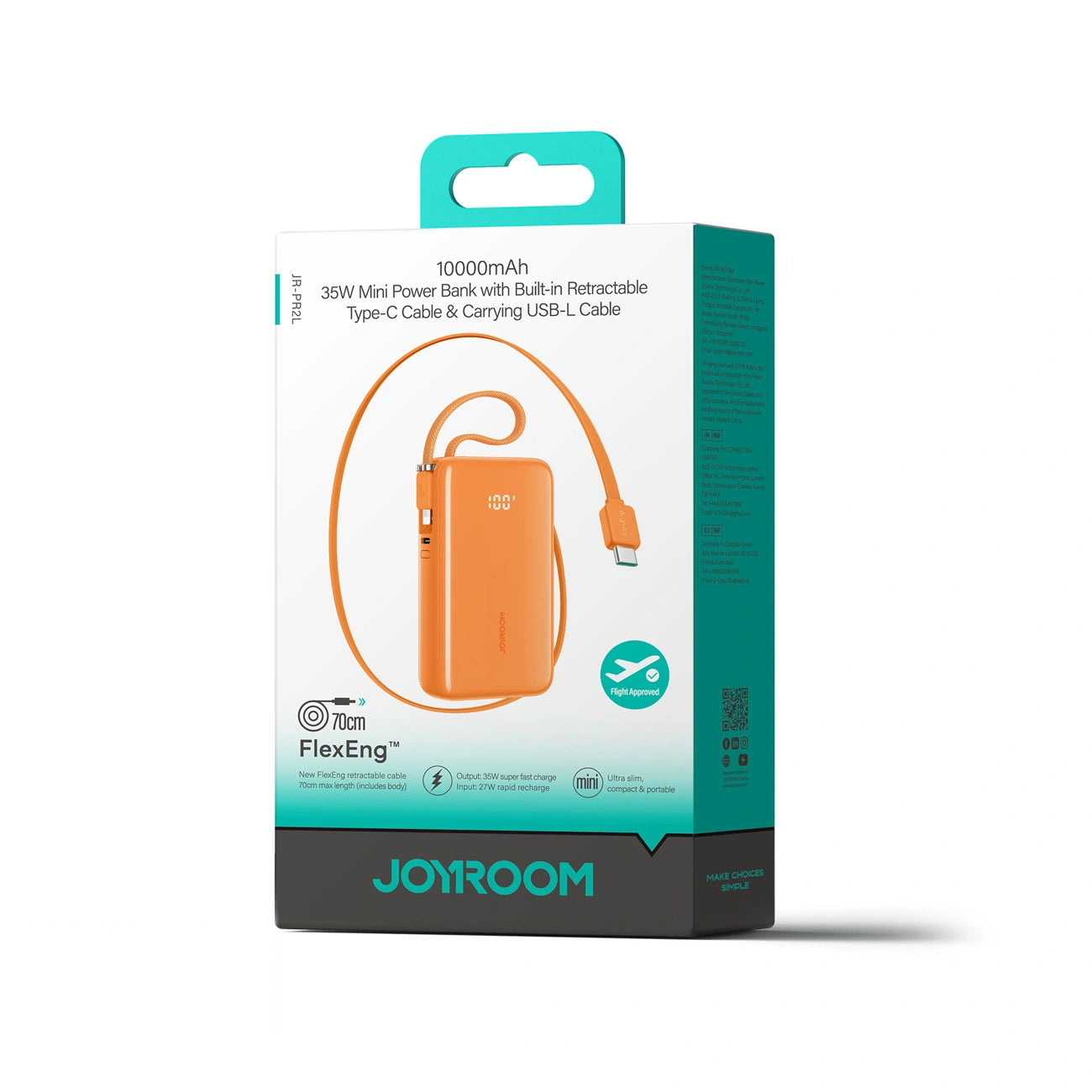 Joyroom JR-PR2L Extern Batteri, 10000mAh, 35W, QC + PD, 1 x Lightning - 2 x USB-C, Orange