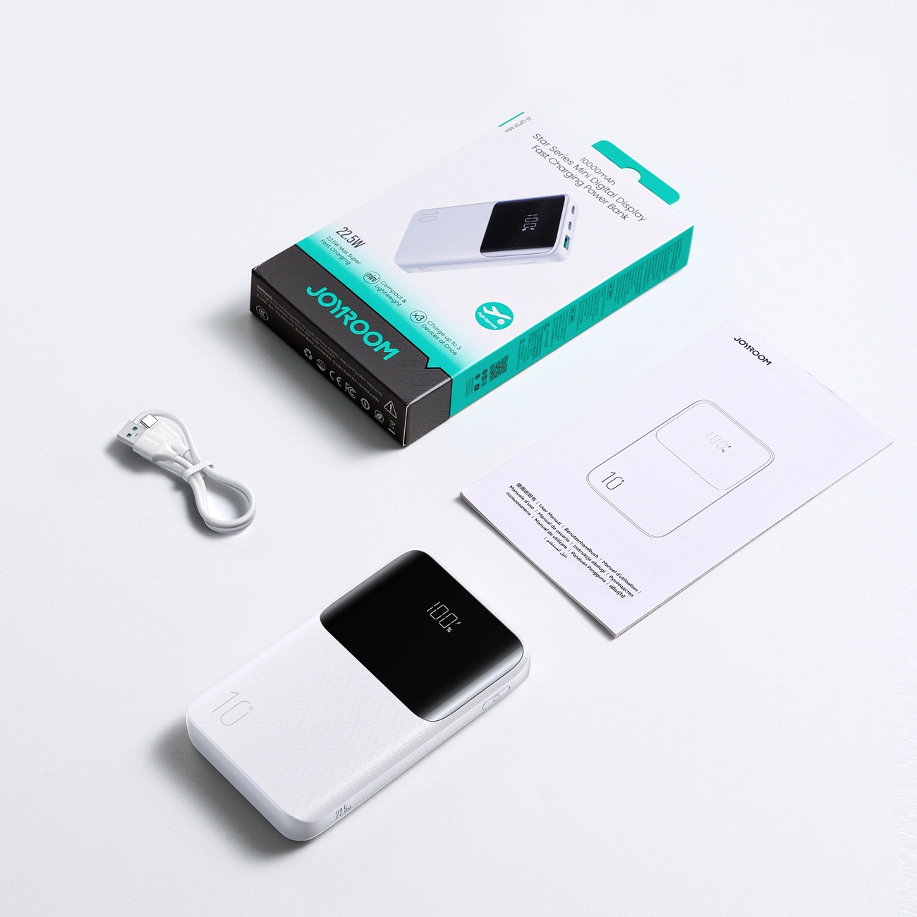 Extern batteri Joyroom JR-QP191, 10000mAh, 22.5W, QC + PD, 1 x USB-A - 2 x USB-C, Vit