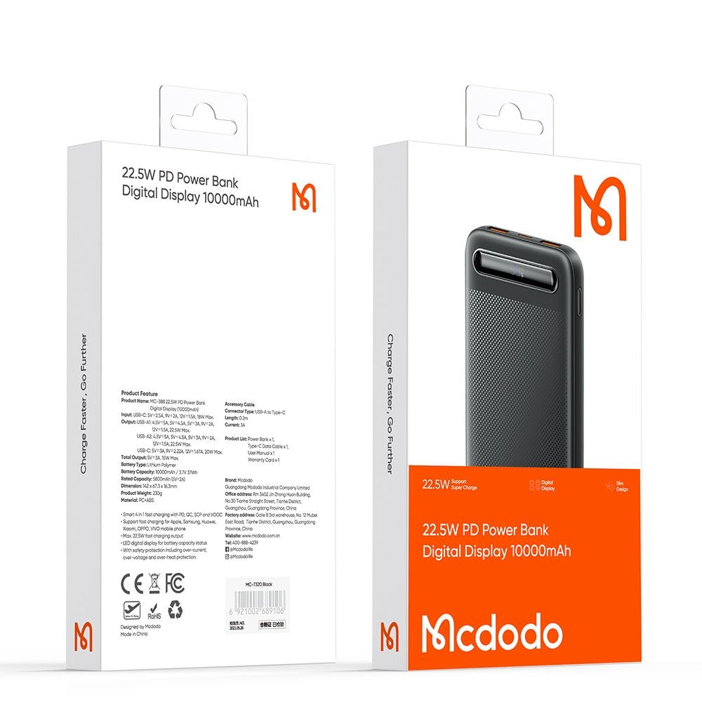 Extern batteri McDodo MC-3881 Star, 10000mAh, 22.5W, QC + PD, 2 x USB-A - 1 x USB-C, Svart