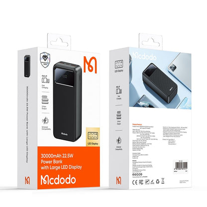 Extern batteri McDodo MC-4240, 30000mAh, 22.5W, QC + PD, 2 x USB-A - 1 x USB-C, Svart