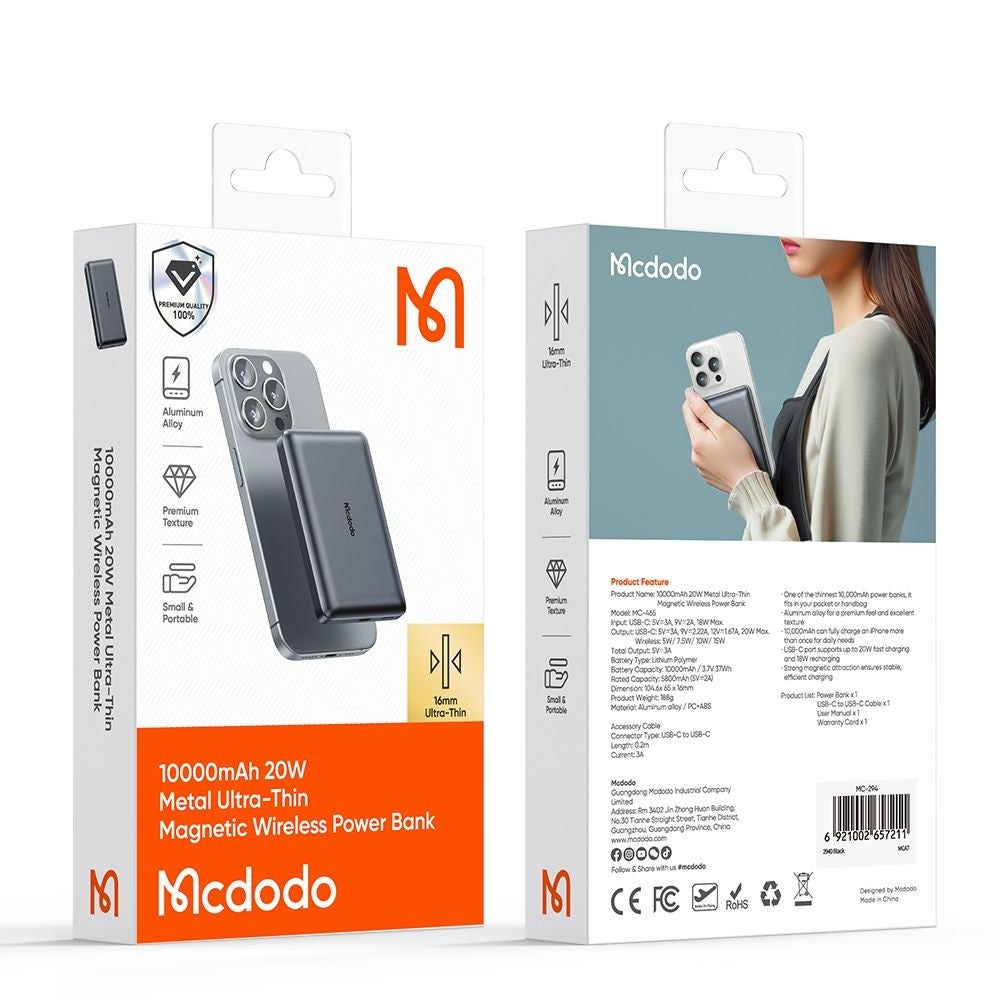 Extern batteri Wireless McDodo MC-4651 Meta, 10000mAh, 20W, PD + FQI, 1 x QI - 1 x USB-C, Svart