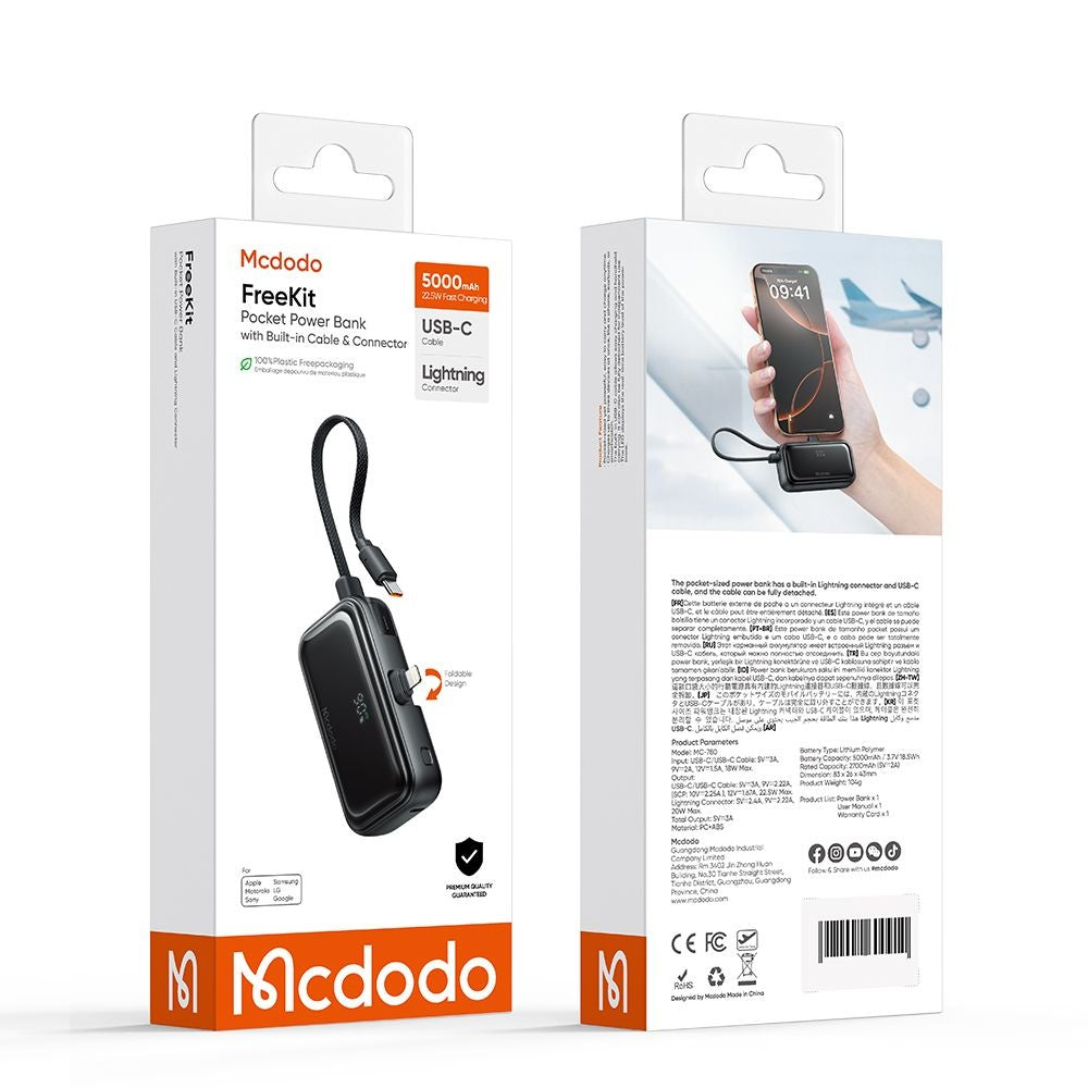 Extern batteri McDodo MC-7800 Freekit, 5000mAh, 22.5W, PD, 1 x Lightning - 2 x USB-C, Svart
