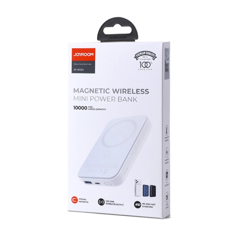 Trådlös Extern Batteri Joyroom JR-W020, 10000mAh, 20W, QC + PD + FQI, 1 x QI - 1 x USB-A - 1 x USB-C, Vit