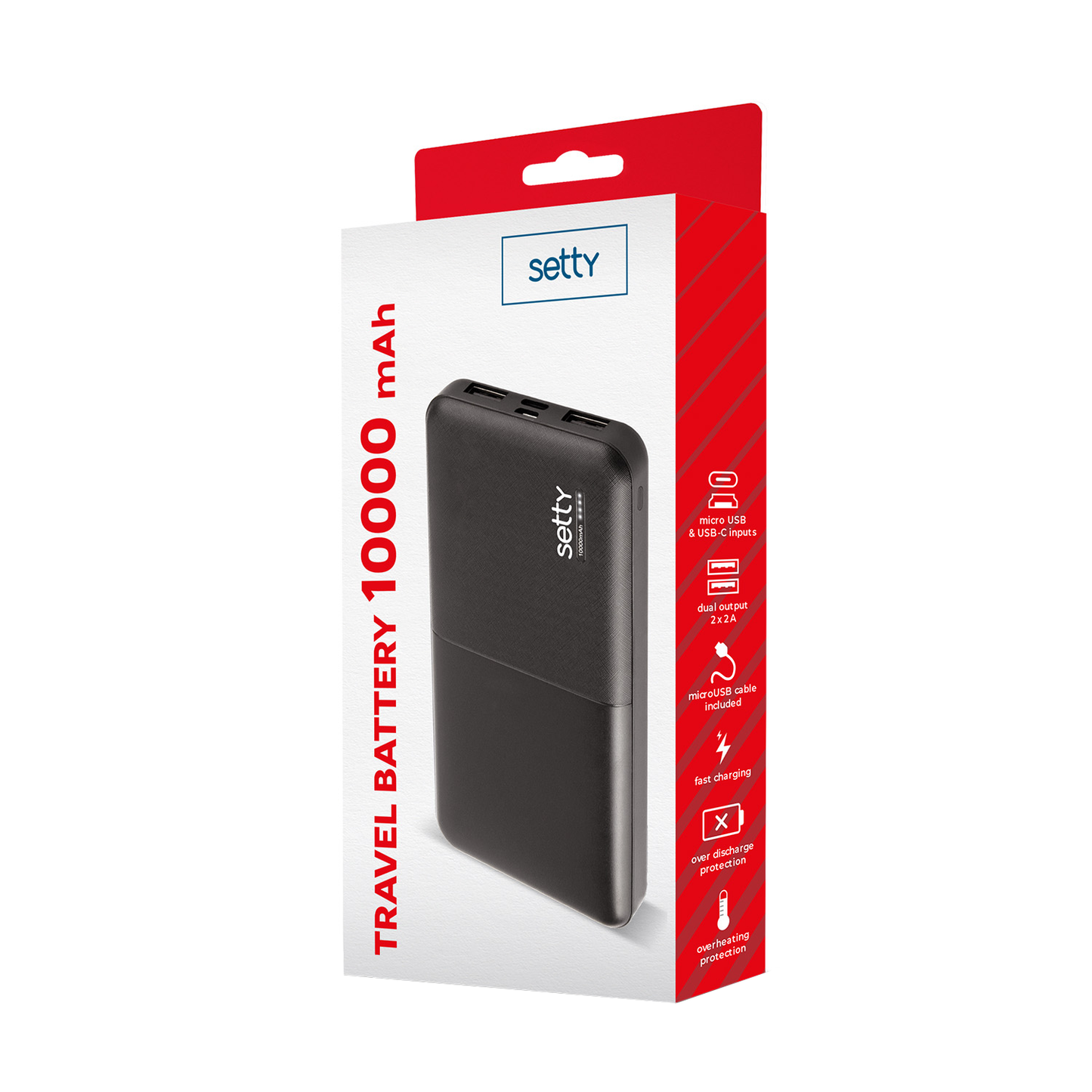Setty Extern Batteri, 10000mAh, 10W, 2 x USB-A, Svart