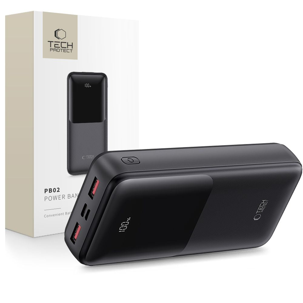 Extern batteri Tech-Protect PB02, 20000mAh, 22.5W, QC + PD, 1 x USB-C - 2 x USB-A, Svart