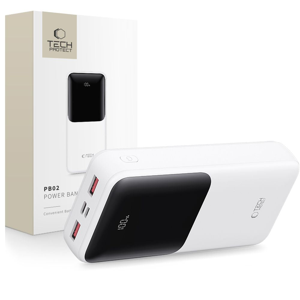 Extern batteri Tech-Protect PB02, 20000mAh, 22.5W, QC + PD, 1 x USB-C - 2 x USB-A, Vit