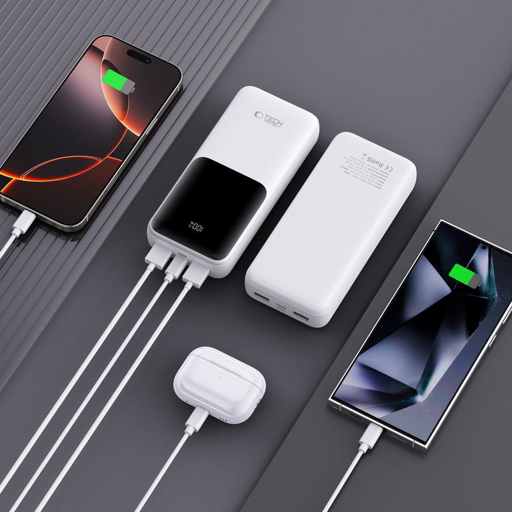 Extern batteri Tech-Protect PB02, 20000mAh, 22.5W, QC + PD, 1 x USB-C - 2 x USB-A, Vit