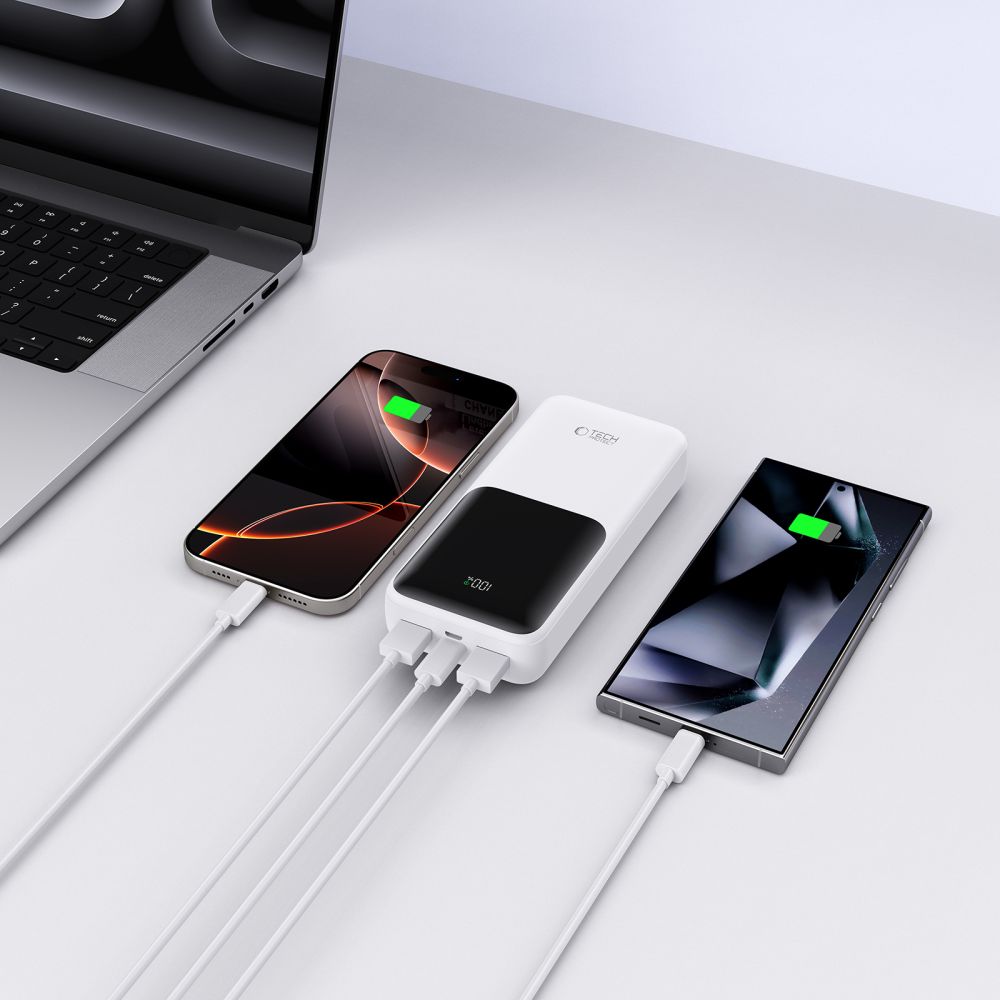 Extern batteri Tech-Protect PB02, 20000mAh, 22.5W, QC + PD, 1 x USB-C - 2 x USB-A, Vit