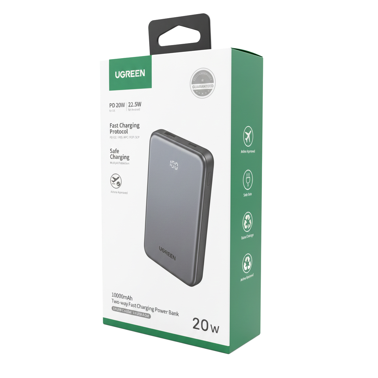 Extern batteri UGREEN 75131B, 10000mAh, 22.5W, QC + PD, 1 x USB-A - 1 x USB-C, Grå