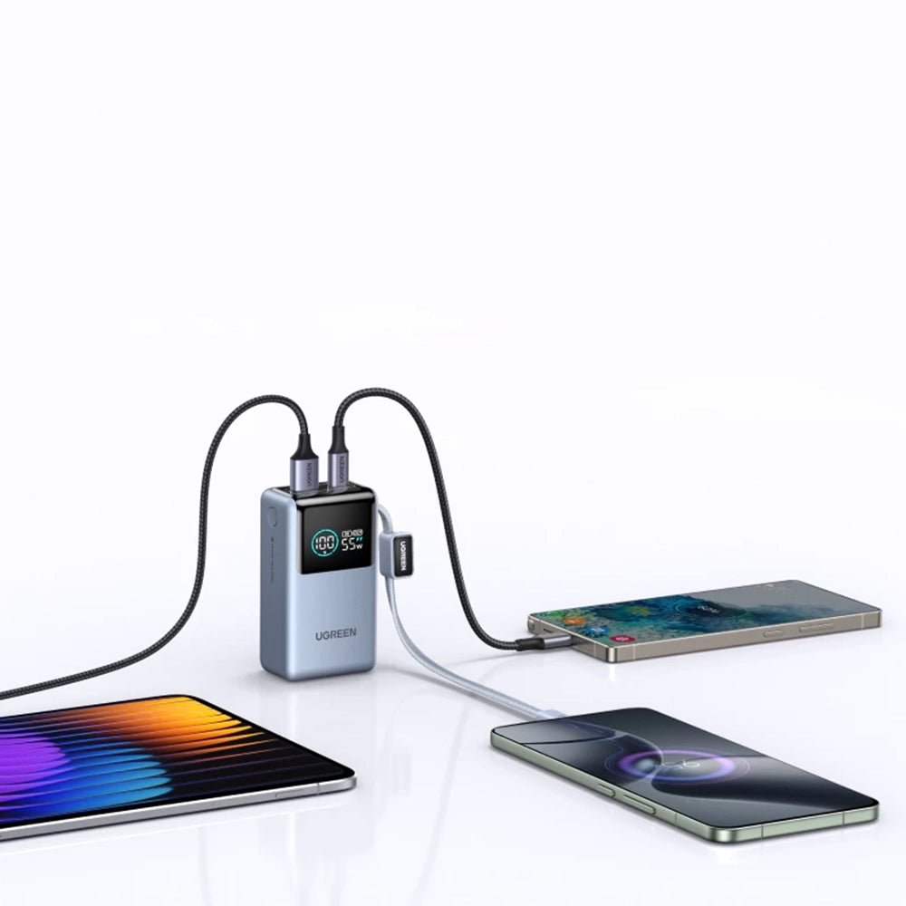 Extern batteri UGREEN Nexode Pro PB727 (75701B), 10000mAh, 55W, QC + PD, 1 x USB-A - 2 x USB-C, Grå