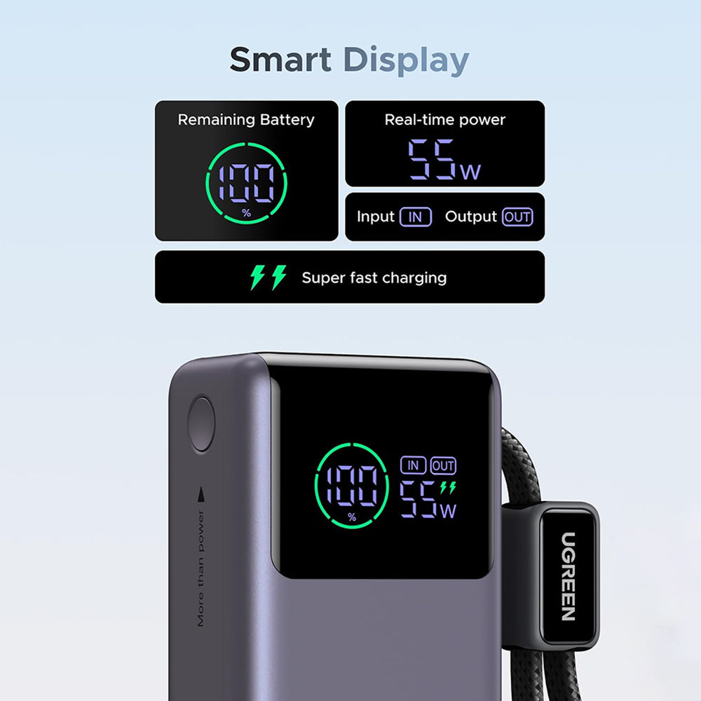 Extern batteri UGREEN Nexode Pro PB727 (85301B), 10000mAh, 55W, QC + PD, 1 x USB-A - 2 x USB-C, Grå