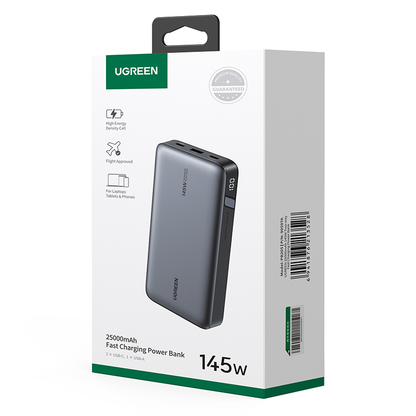 Extern batteri UGREEN PB205, 25000mAh, 145W, QC + PD, 1 x USB-A - 2 x USB-C, Grå