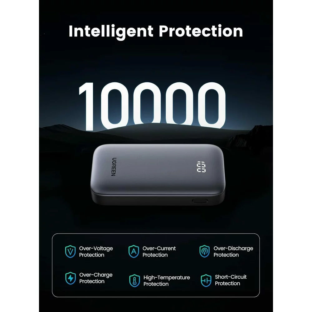 Extern batteri UGREEN PB502, 10000mAh, 30W, QC + PD, 1 x USB-A - 1 x USB-C, Grå