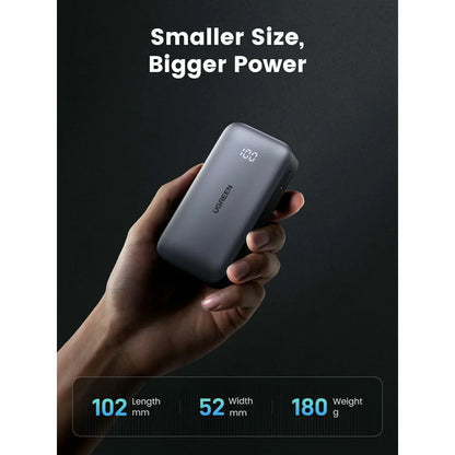 Extern batteri UGREEN PB502, 10000mAh, 30W, QC + PD, 1 x USB-A - 1 x USB-C, Grå
