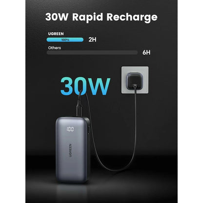 Extern batteri UGREEN PB502, 10000mAh, 30W, QC + PD, 1 x USB-A - 1 x USB-C, Grå