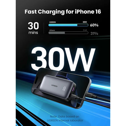 Extern batteri UGREEN PB502, 10000mAh, 30W, QC + PD, 1 x USB-A - 1 x USB-C, Grå