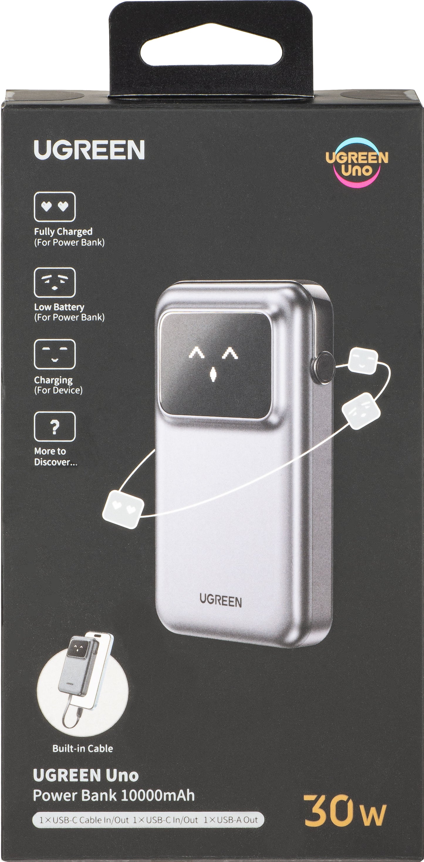 Extern batteri UGREEN PB511 Uno, 10000mAh, 30W, QC + PD, 1 x USB-A - 2 x USB-C, Grå