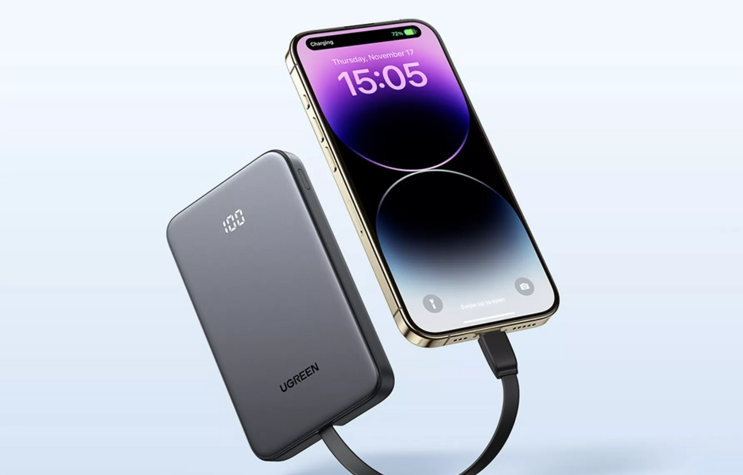 Extern batteri UGREEN PB526 (75161B), 10000mAh, 20W, QC + PD, 1 x USB-A - 2 x USB-C, Grå