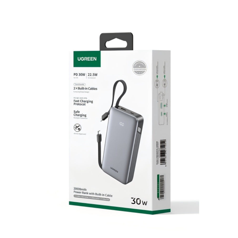 Extern batteri UGREEN PB528 (55985B), 20000mAh, 30W, QC + PD, 1 x USB-A - 3 x USB-C, Grå