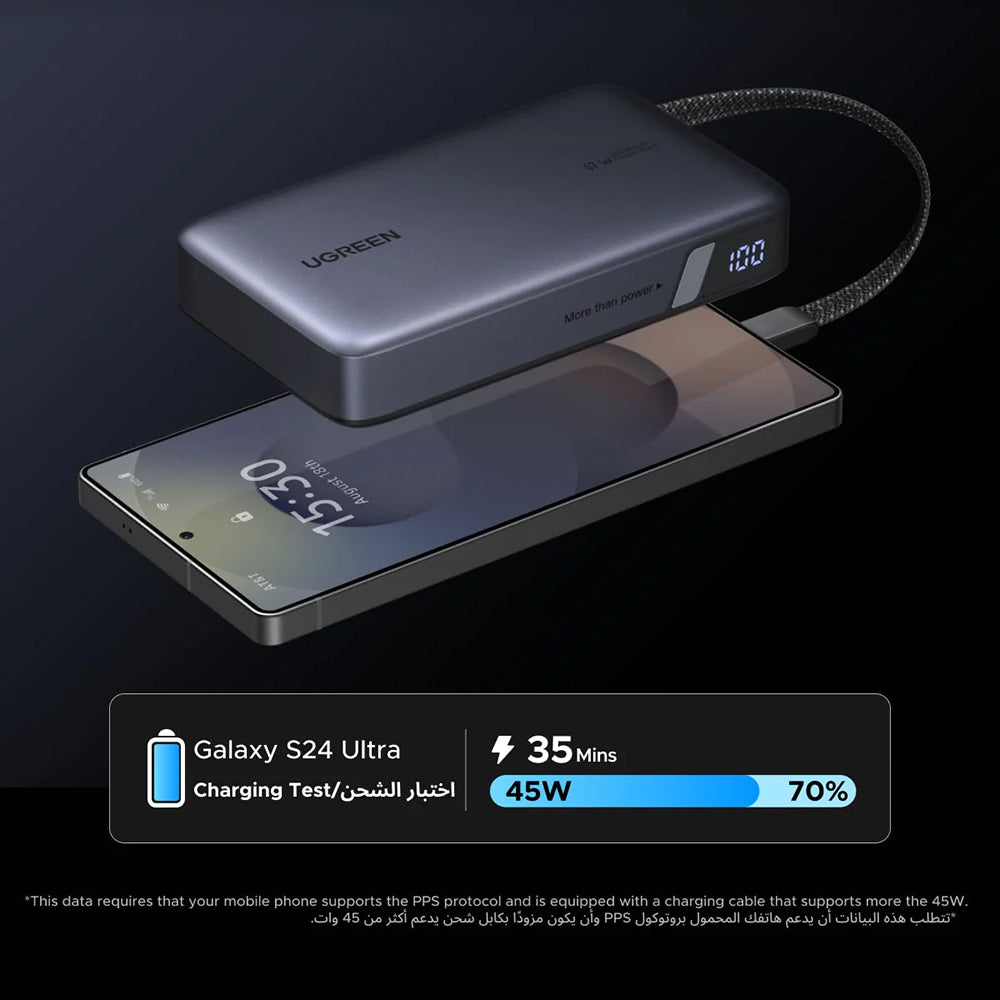 Extern batteri UGREEN PB550, 20000mAh, 67W, QC + PD, 1 x USB-A - 2 x USB-C, Grå