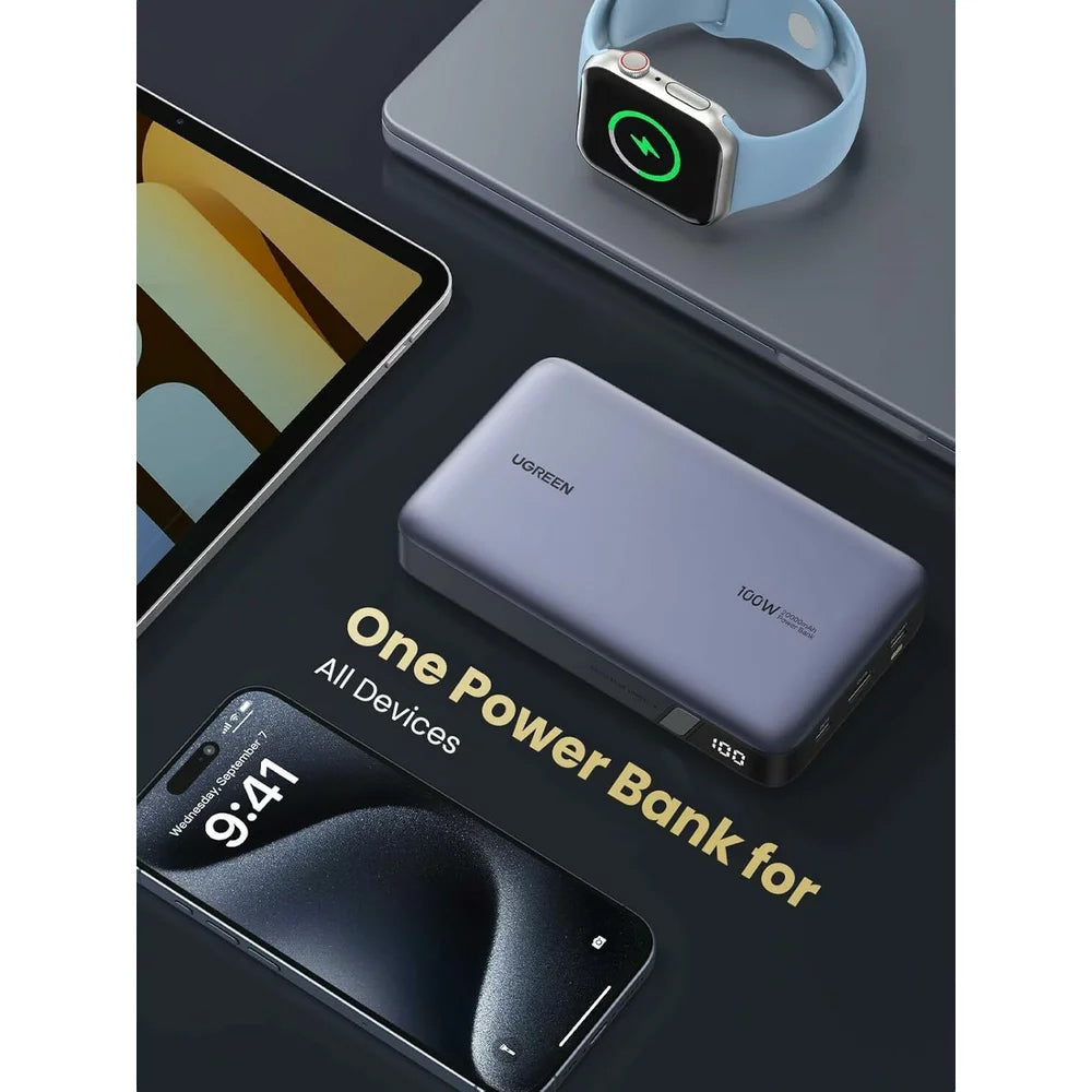 Extern batteri UGREEN PB720 Nexode, 20000mAh, 100W, QC + PD, 1 x USB-A - 2 x USB-C, Grå