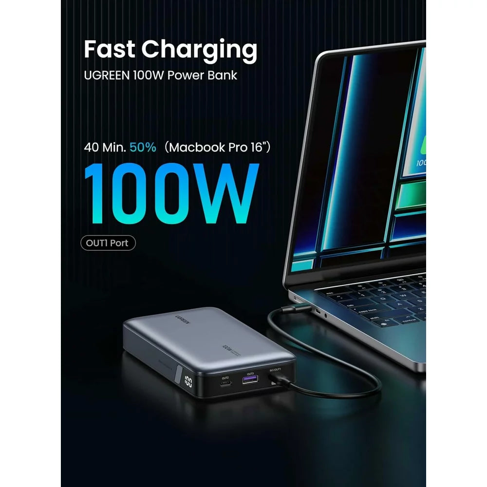 Extern batteri UGREEN PB720 Nexode, 20000mAh, 100W, QC + PD, 1 x USB-A - 2 x USB-C, Grå