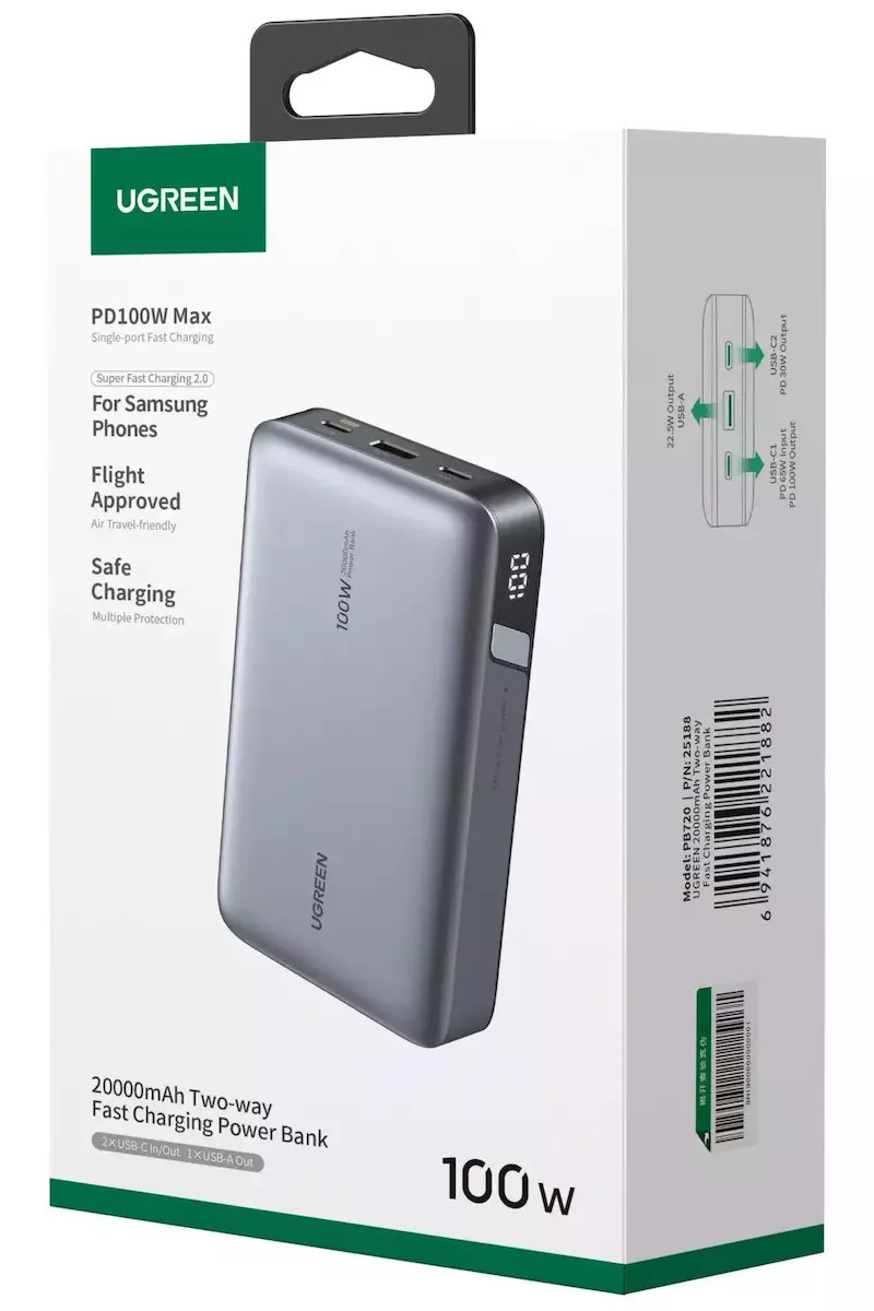 Extern batteri UGREEN PB720 Nexode, 20000mAh, 100W, QC + PD, 1 x USB-A - 2 x USB-C, Grå