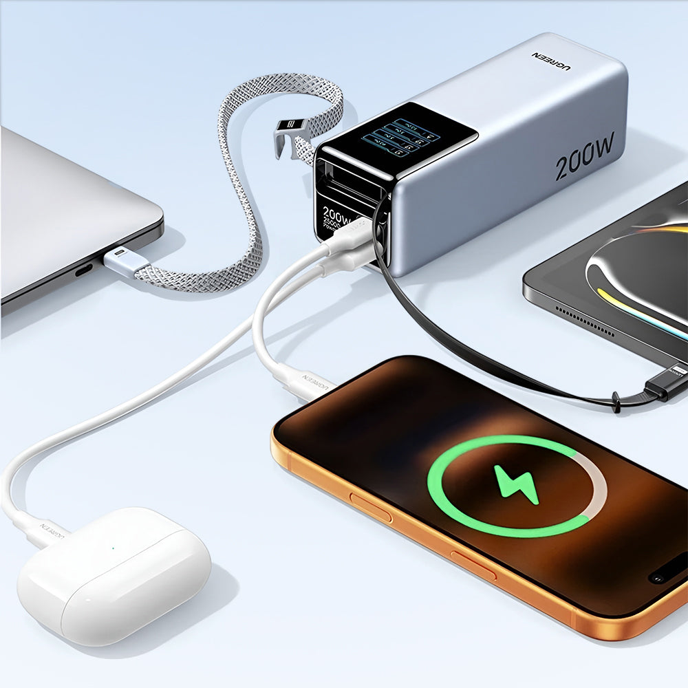 Extern batteri UGREEN PB728 (75702B), 25000mAh, 200W, QC + PD, 1 x USB-A - 3 x USB-C, Grå
