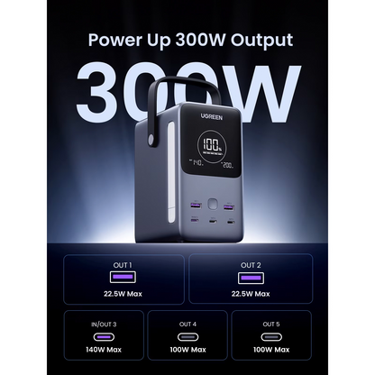 Extern batteri UGREEN PB770, 48000mAh, 300W, QC + PD, 2 x USB-A - 3 x USB-C, Grå, Omslagen