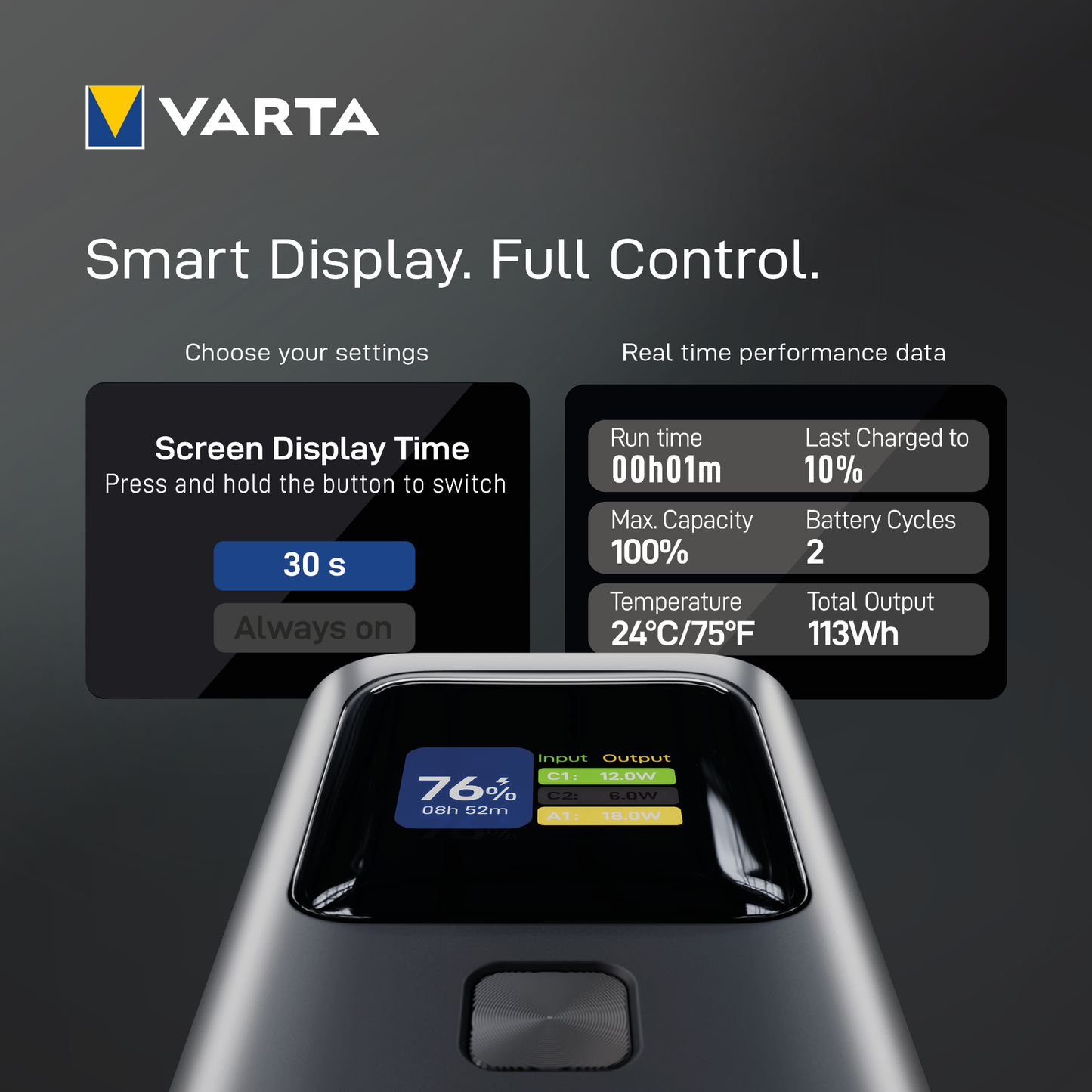 Varta High Speed External Battery, 27000mAh, 140W, QC + PD, 1 x USB-A - 2 x USB-C, Black