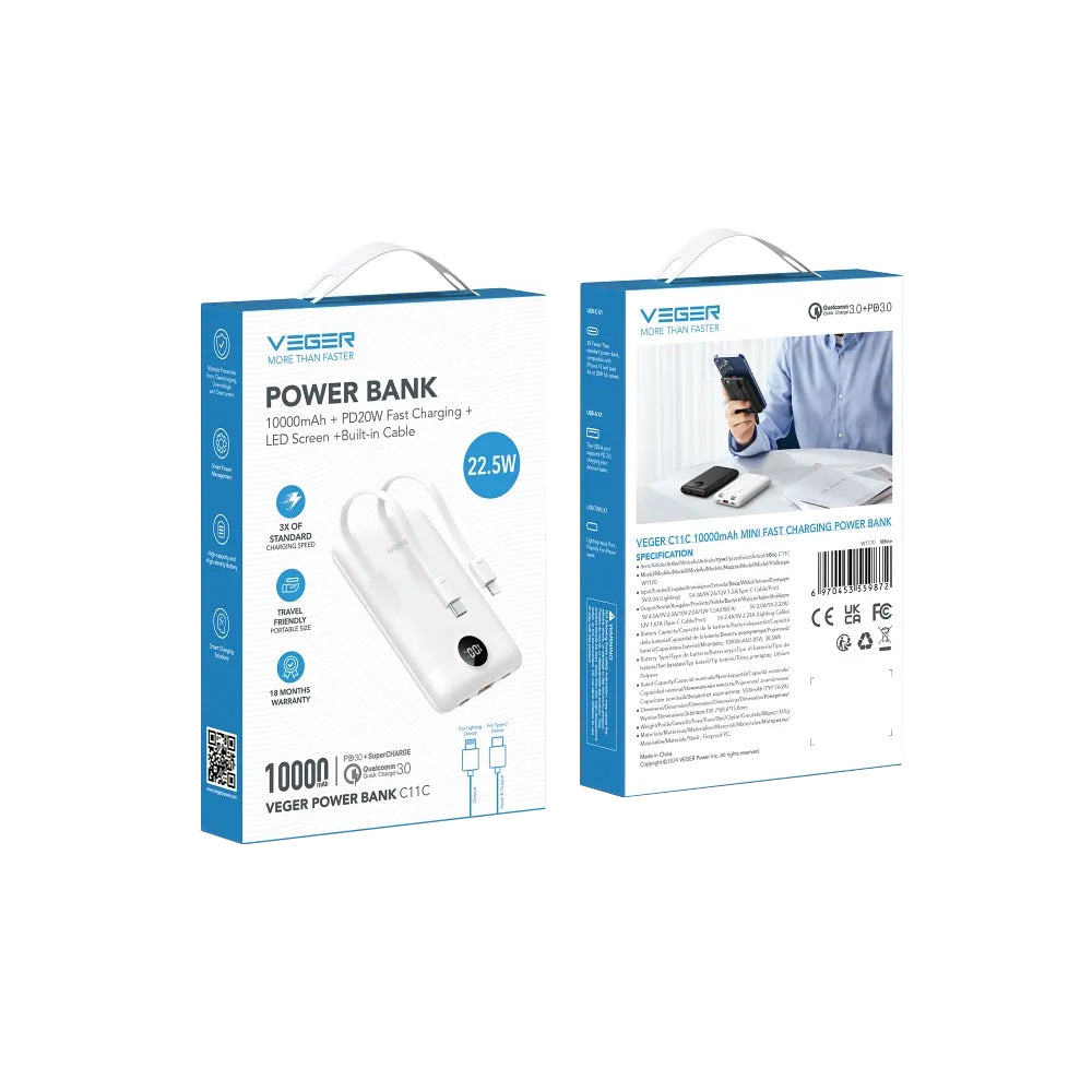 Extern batteri Veger C11C, 10000mAh, 22.5W, QC + PD, 1 x Lightning - 1 x USB-A - 2 x USB-C, Vit