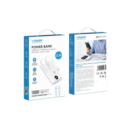 Extern batteri Veger C11C, 10000mAh, 22.5W, QC + PD, 1 x Lightning - 1 x USB-A - 2 x USB-C, Vit