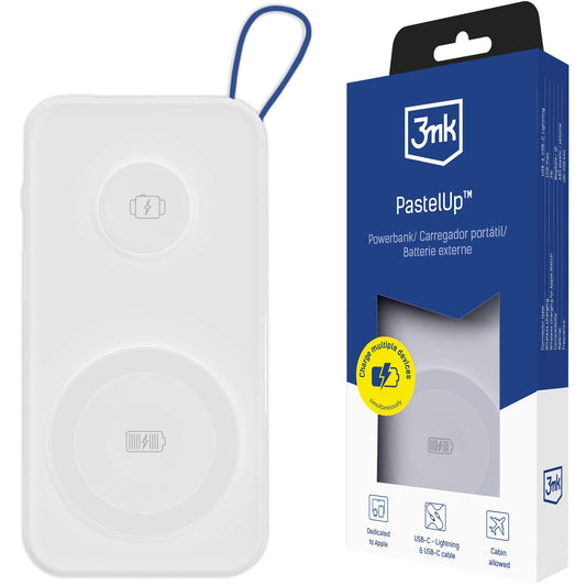3MK PastelUp Wireless External Battery, 10000mAh, 22.5W, QC + PD + FQI, 1 x USB-A - 1 x USB-C - 2 x QI, White