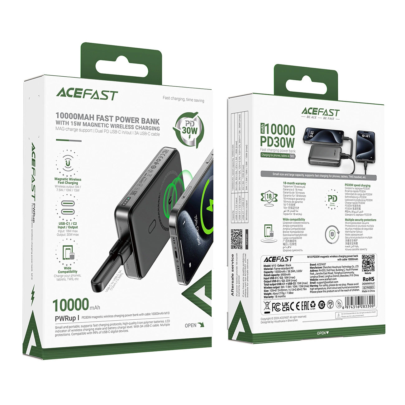 Trådlös Extern Batteri Acefast M10, 10000mAh, 30W, PD + FQI, 1 x QI - 2 x USB-C, Svart