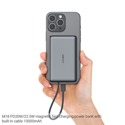 Acefast M18 Wireless External Battery, 10000mAh, 22.5W, PD + FQI, 1 x QI - 2 x USB-C, Black