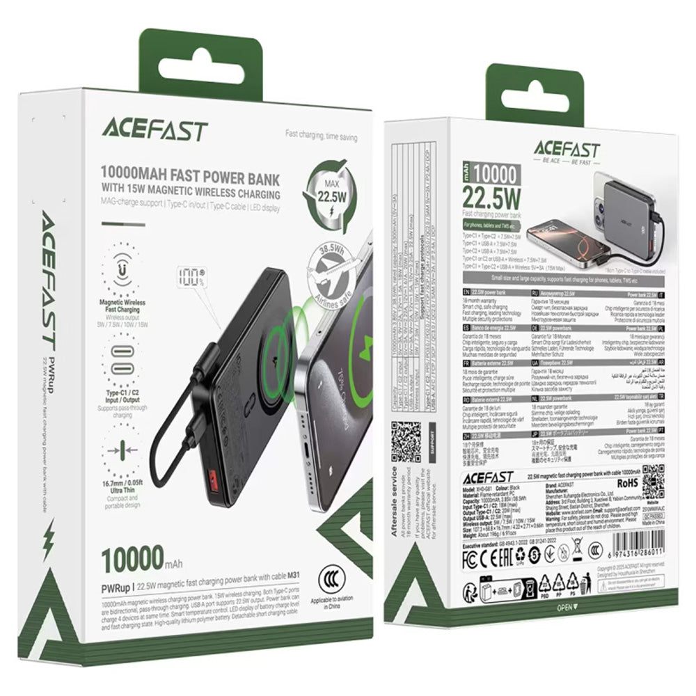 Trådlös Extern Batteri Acefast M31, 10000mAh, 22.5W, QC + PD + FQI, 1 x QI - 1 x USB-A - 2 x USB-C, Svart