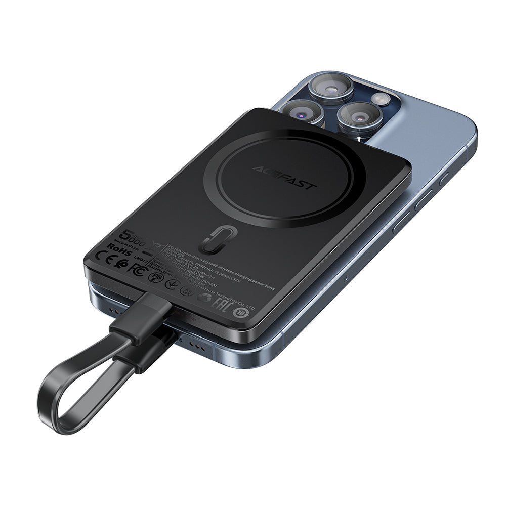 Trådlös Extern Batteri Acefast M8, 5000mAh, 18W, PD + FQI, 1 x QI - 1 x USB-C, Svart