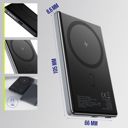 Extern trådlös batteri Allity. APB-300, 5000mAh, 20W, PD + FQI, 1 x QI - 1 x USB-C, Grå