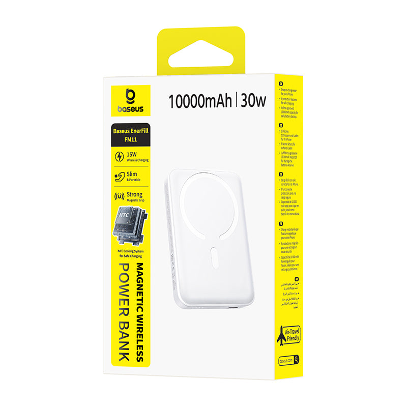 Trådlös Extern Batteri Baseus EnerFill FM11, 10000mAh, 30W, PD + FQI, 1 x QI - 1 x USB-C, Vit