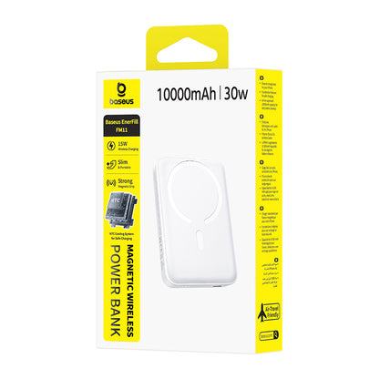 Trådlös Extern Batteri Baseus EnerFill FM11, 10000mAh, 30W, PD + FQI, 1 x QI - 1 x USB-C, Vit