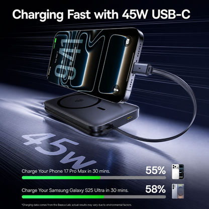 Trådlös Extern Batteri Baseus PicoGo AM61, 10000mAh, 45W, PD + FQI, 1 x QI - 2 x USB-C, Svart E0028V00