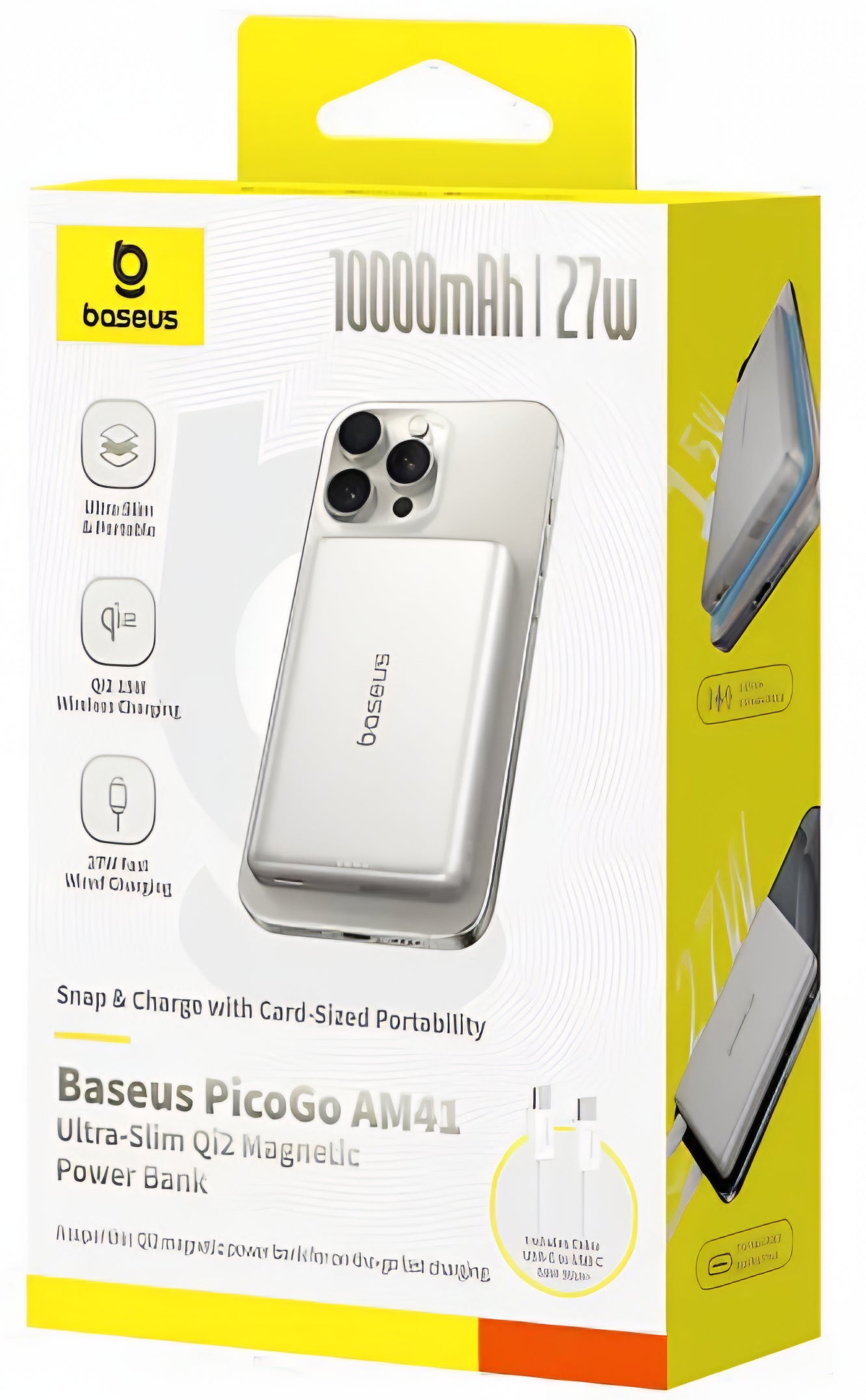 Baseus PicoGo AM41 Wireless External Battery, 10000mAh, 27W, PD + FQI, 1 x QI - 1 x USB-C, Beige E0027203