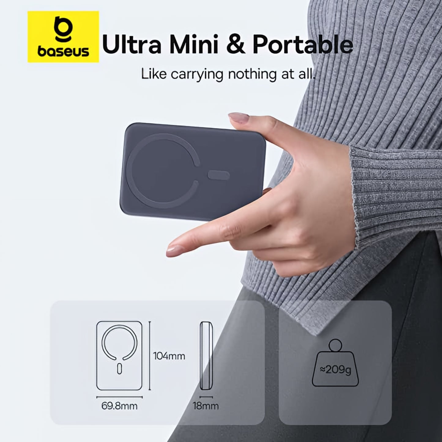 Baseus EnerFill FM11 Ultra-Mini Wireless External Battery, 10000mAh, 22.5W, PD + FQI, 1 x QI - 1 x USB-C, Gray E0026602