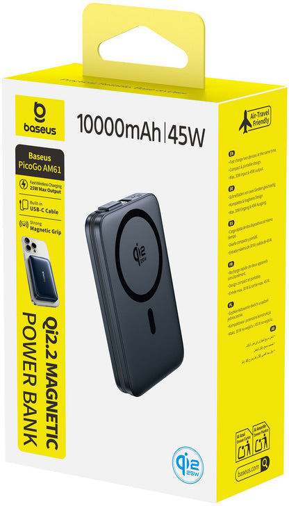 Trådlös Extern Batteri Baseus PicoGo AM61, 10000mAh, 45W, PD + FQI, 1 x QI - 2 x USB-C, Svart E0028V00